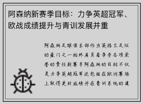 阿森纳新赛季目标:力争英超冠军、欧战成绩提升与青训发展并重 阿森纳新赛季目标:力争英超冠军、欧战成绩提升与青训发展并重