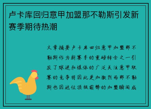 卢卡库回归意甲加盟那不勒斯引发新赛季期待热潮