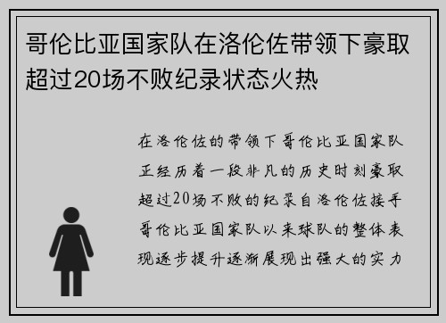 哥伦比亚国家队在洛伦佐带领下豪取超过20场不败纪录状态火热